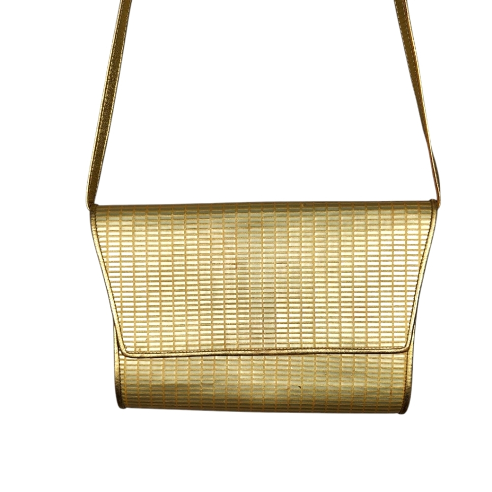 Charles Jourdan Gold Leather Clutch Bag w/ Shoulder Strap Assymetric Flaws